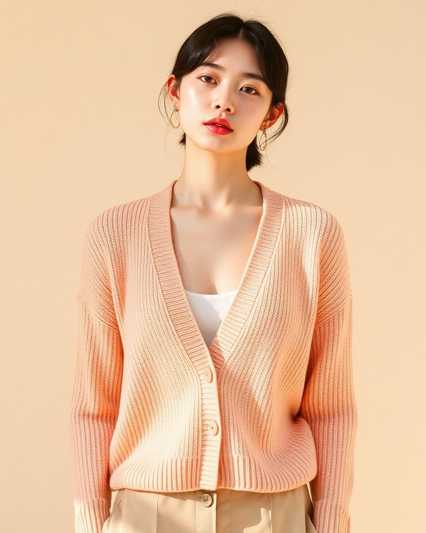 Cardigan en maille légère abricot à décolleté en V, porté ouvert sur un top blanc