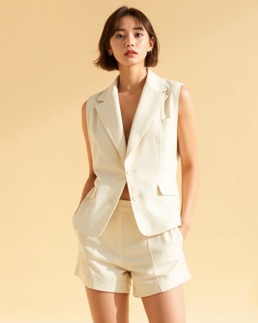 Ensemble crème composé d'un gilet sans manches à revers et d'un short structuré assorti